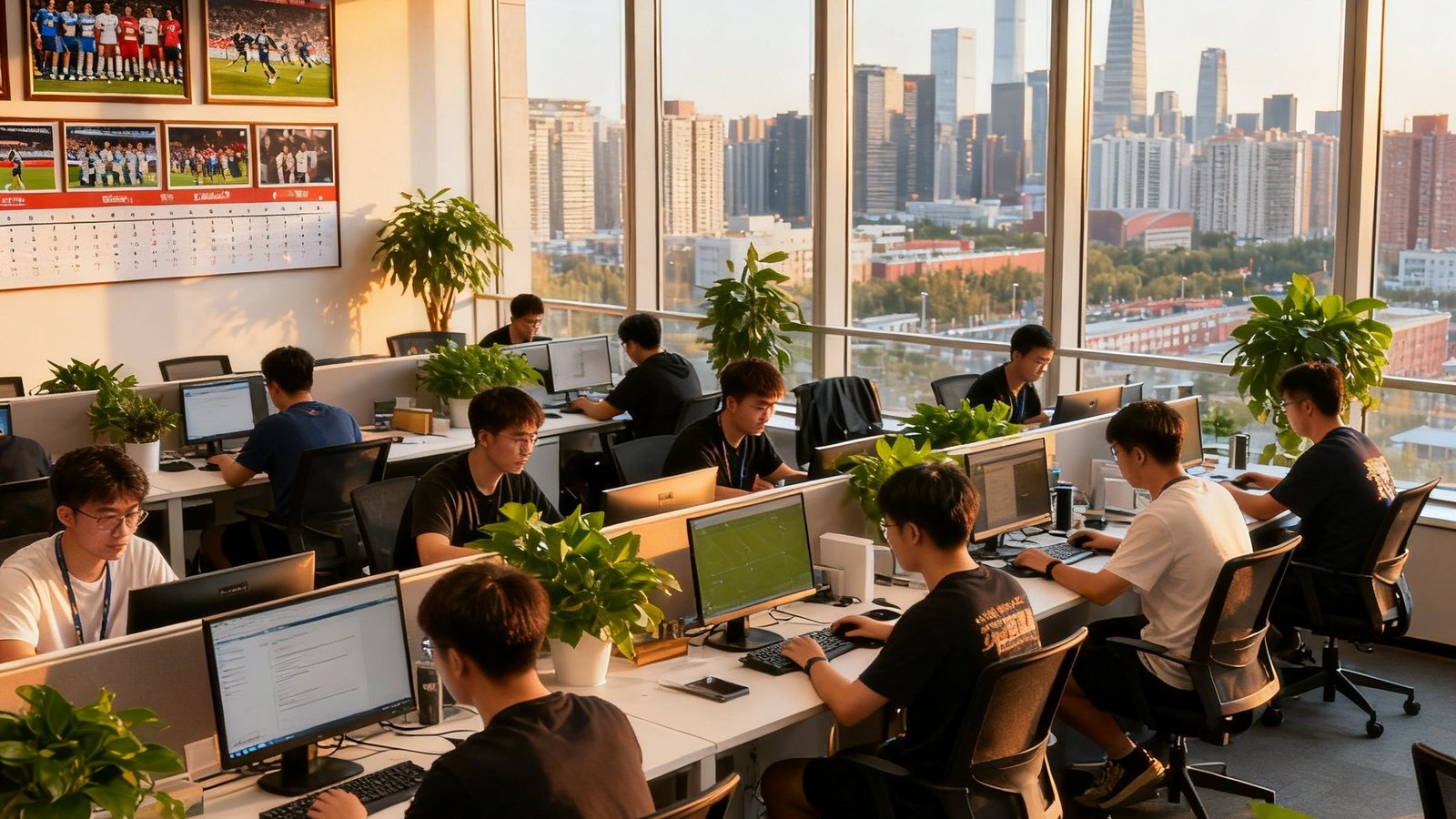北京中关村3377体育总部办公区内，开放式工位上坐着数十位专注工作的年轻员工，落地窗外是繁华的城市景观，室内绿植点缀其间，墙上挂着历届赛事纪念照片