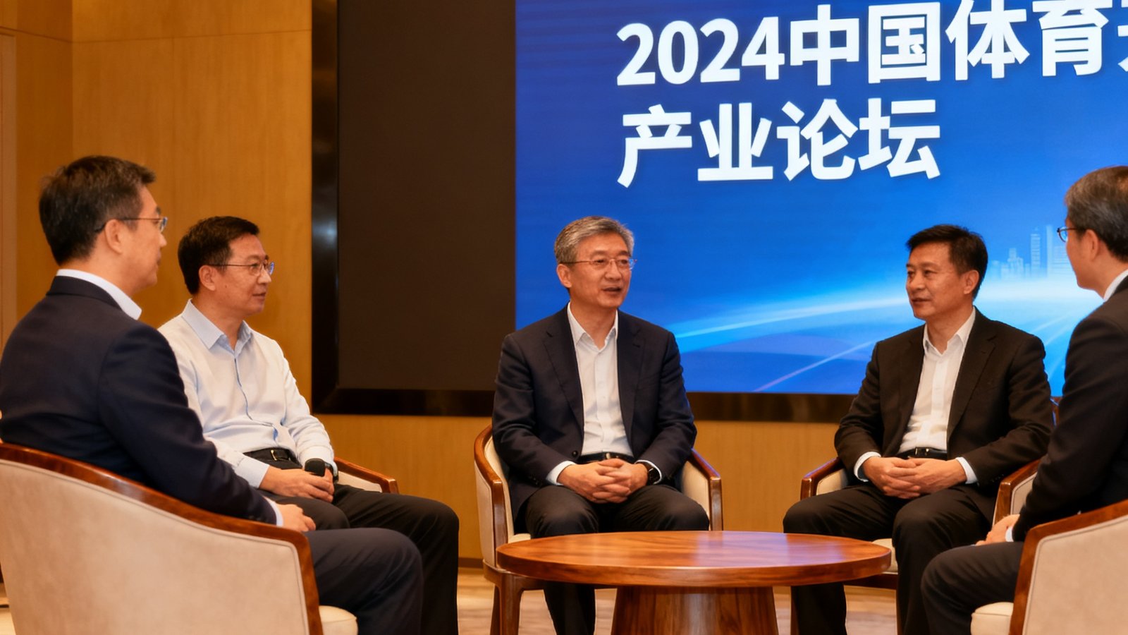 2024中国体育产业论坛现场，多位行业专家围坐在圆桌旁进行深度讨论，舞台灯光温暖，背景大屏幕显示论坛主题