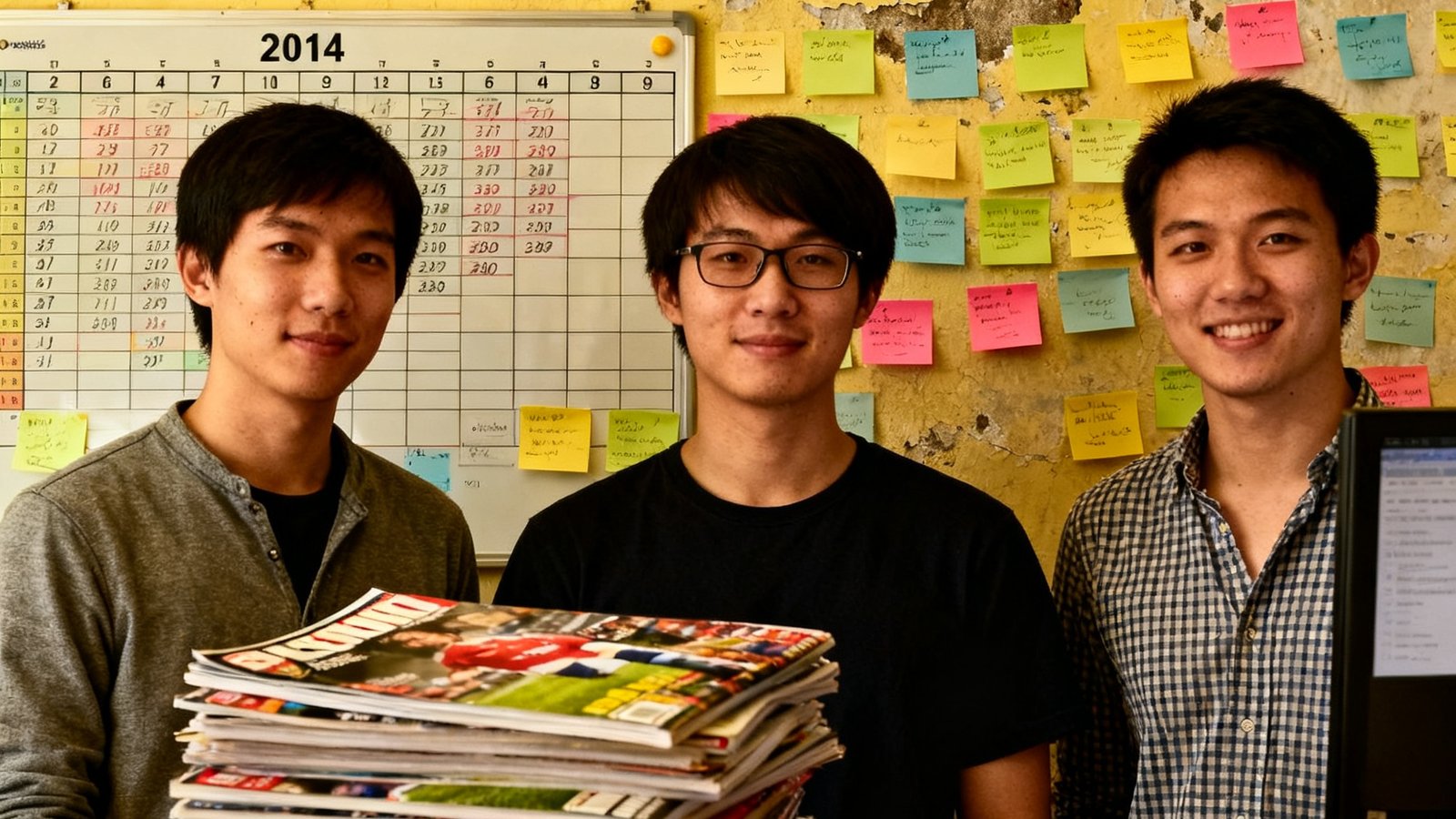 2014年三位年轻创始人在简陋的办公室里合影，墙上贴满了便签和赛事日程表，桌上堆着厚厚的体育杂志，创业初期的奋斗氛围扑面而来